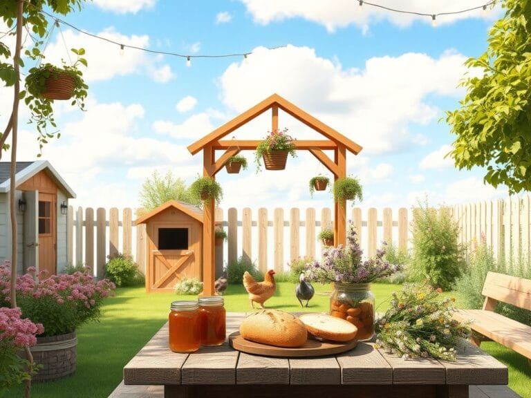 Flick International Cozy garden scene with a rustic wooden gazebo and chickens