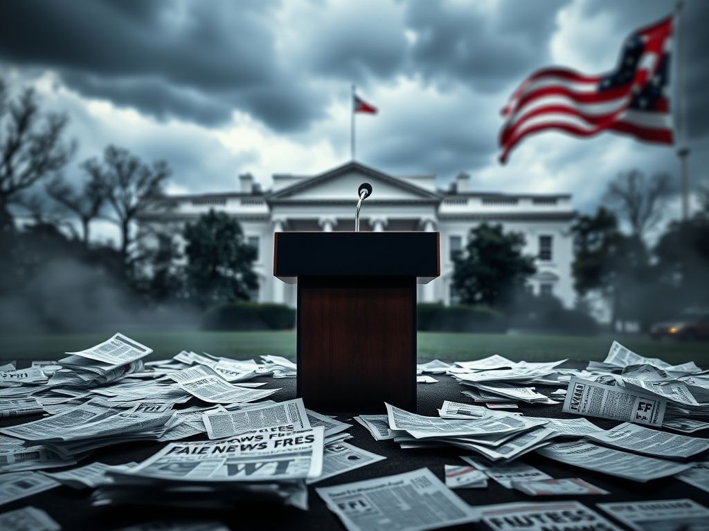 Flick International Dramatic depiction of the White House with stormy clouds and an empty podium symbolizing political conflict