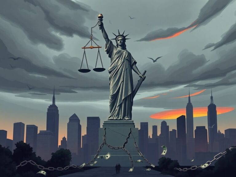 Flick International A large, cracked statue symbolizing economic inequality and systemic racism, set against a New York City skyline.