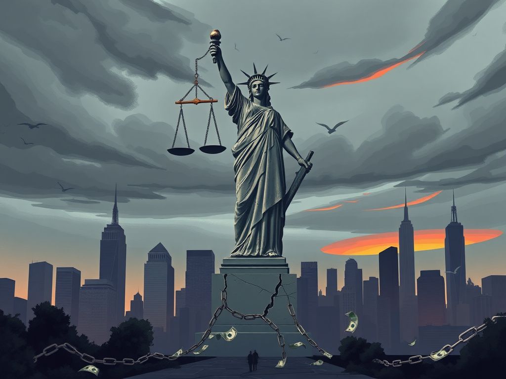 Flick International A large, cracked statue symbolizing economic inequality and systemic racism, set against a New York City skyline.