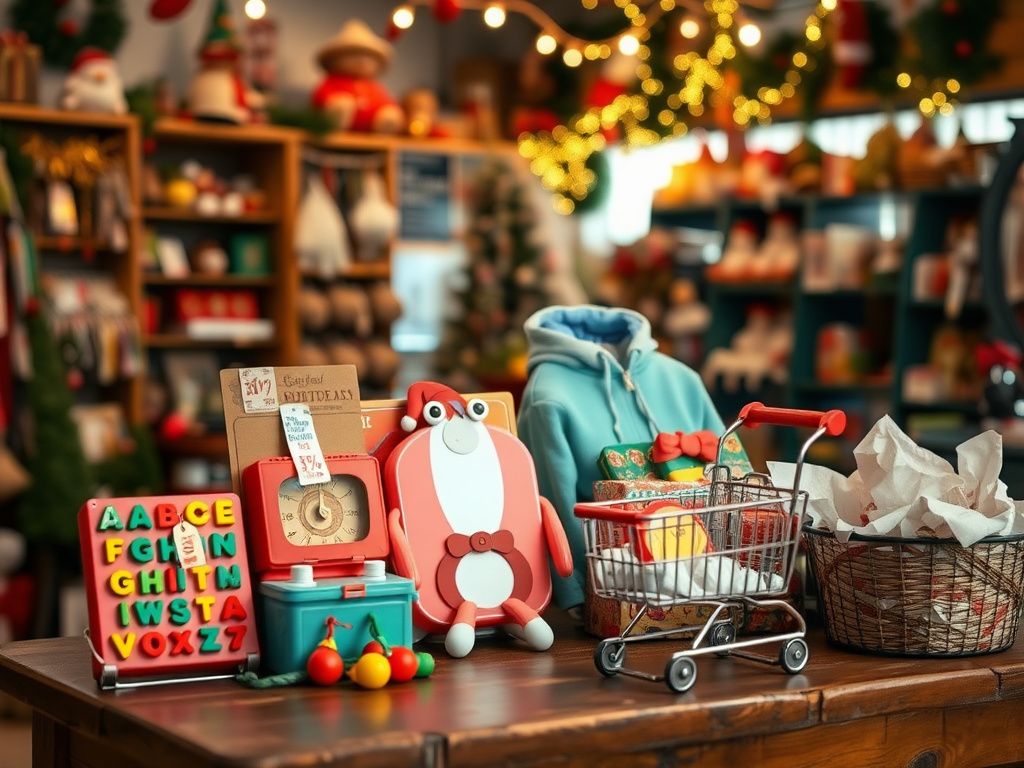 Flick International Cozy thrift store interior with colorful holiday decorations and second-hand toys