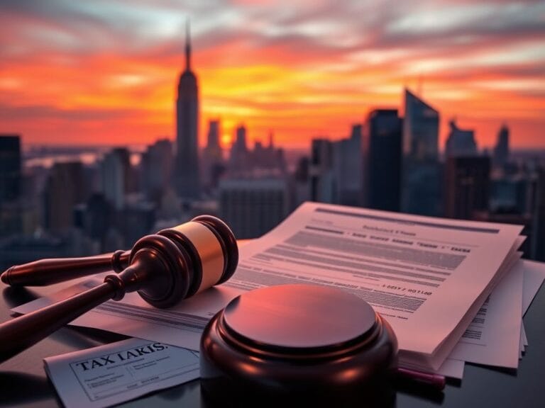 Flick International Iconic New York City skyline at sunset with official documents and gavel on desk
