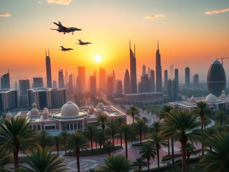 Flick International Panoramic view of a futuristic Middle Eastern skyline with palm trees and military jets