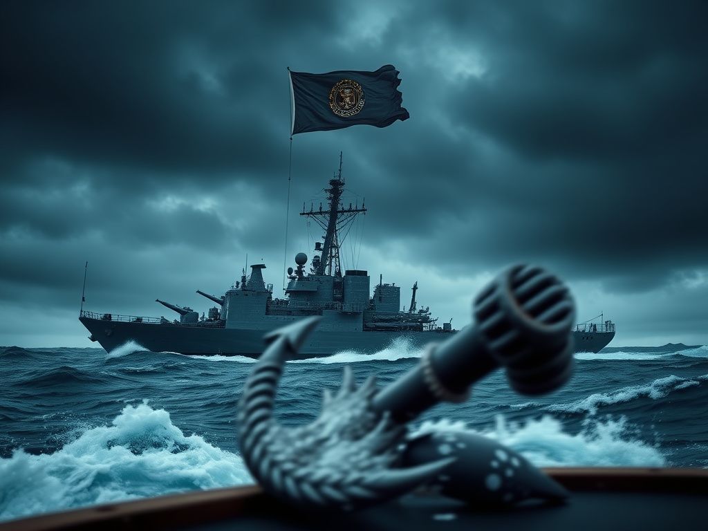 Flick International A naval ship braving stormy seas under a dark sky, symbolizing resilience and duty.