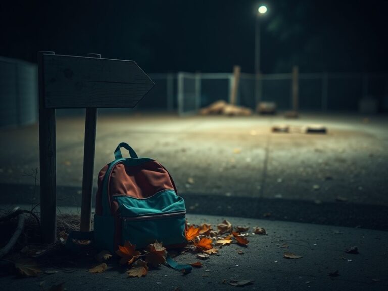 Flick International Dimly lit zoo enclosure with a small child's colorful backpack partially covered by leaves