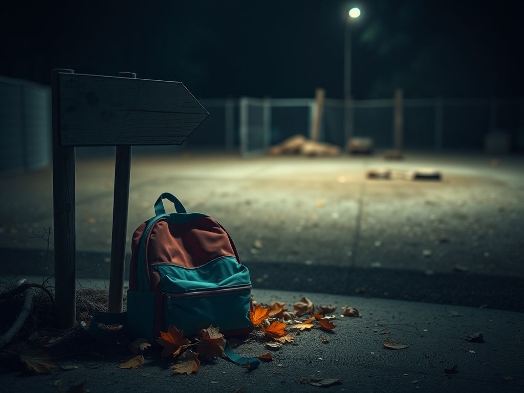 Flick International Dimly lit zoo enclosure with a small child's colorful backpack partially covered by leaves