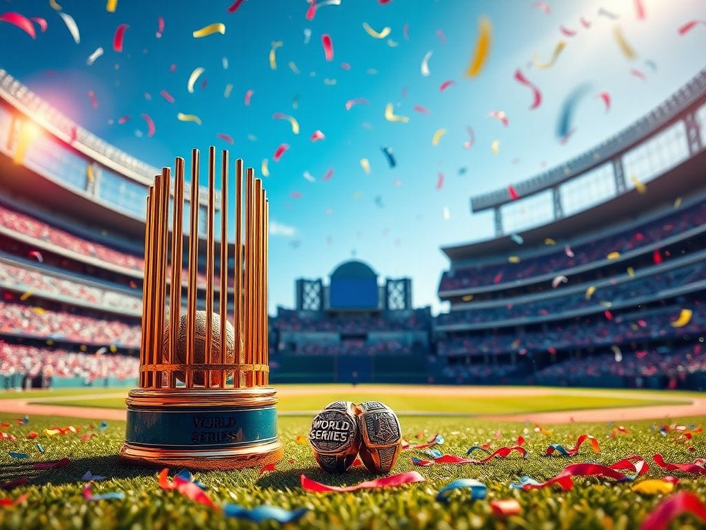 Flick International World Series trophy gleaming in sunlight with championship rings and confetti in background