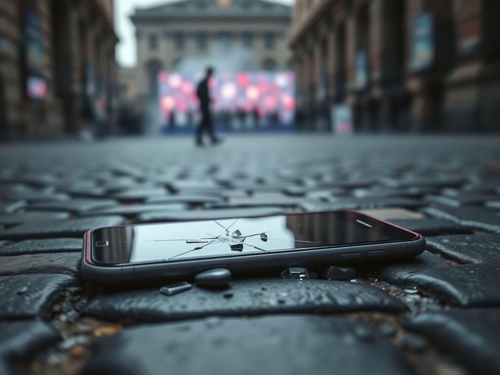 Flick International Fragmented smartphone on cobblestone street symbolizing online harassment and free speech issues
