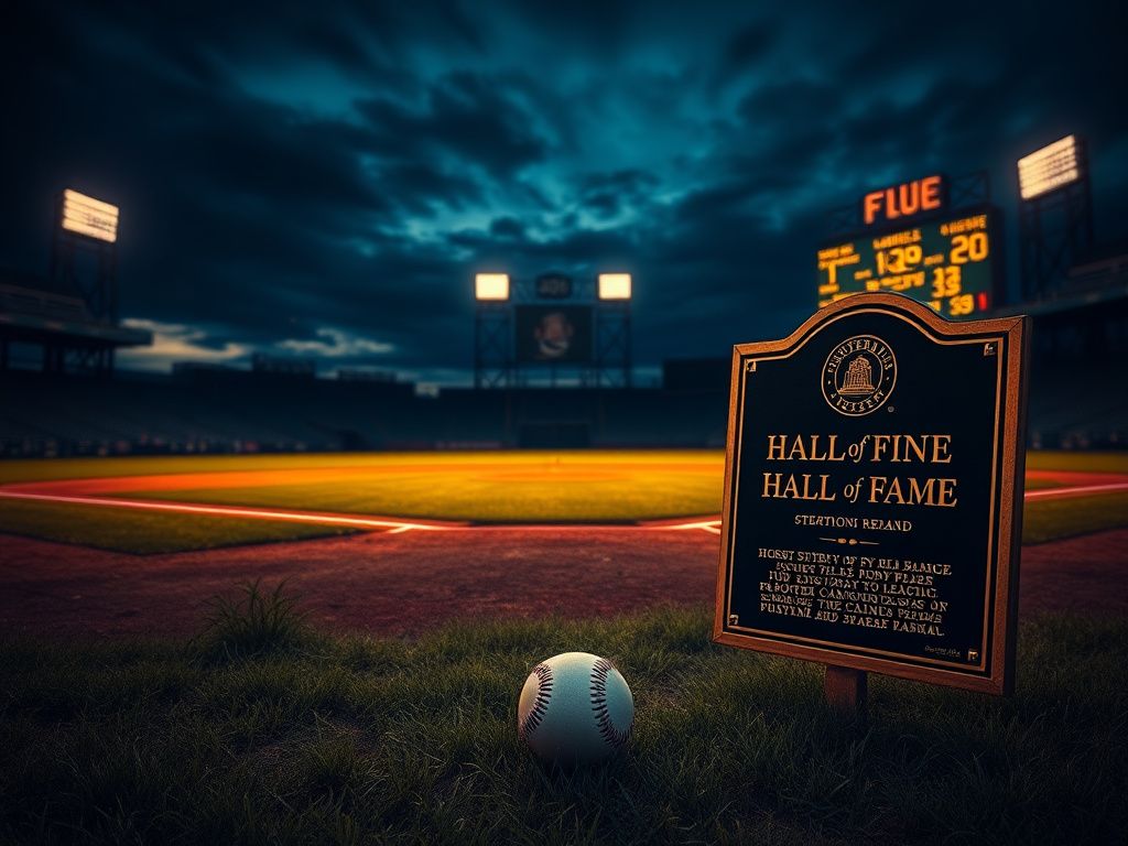 Flick International A moody baseball diamond at dusk with an empty stadium and a Hall of Fame plaque in the foreground
