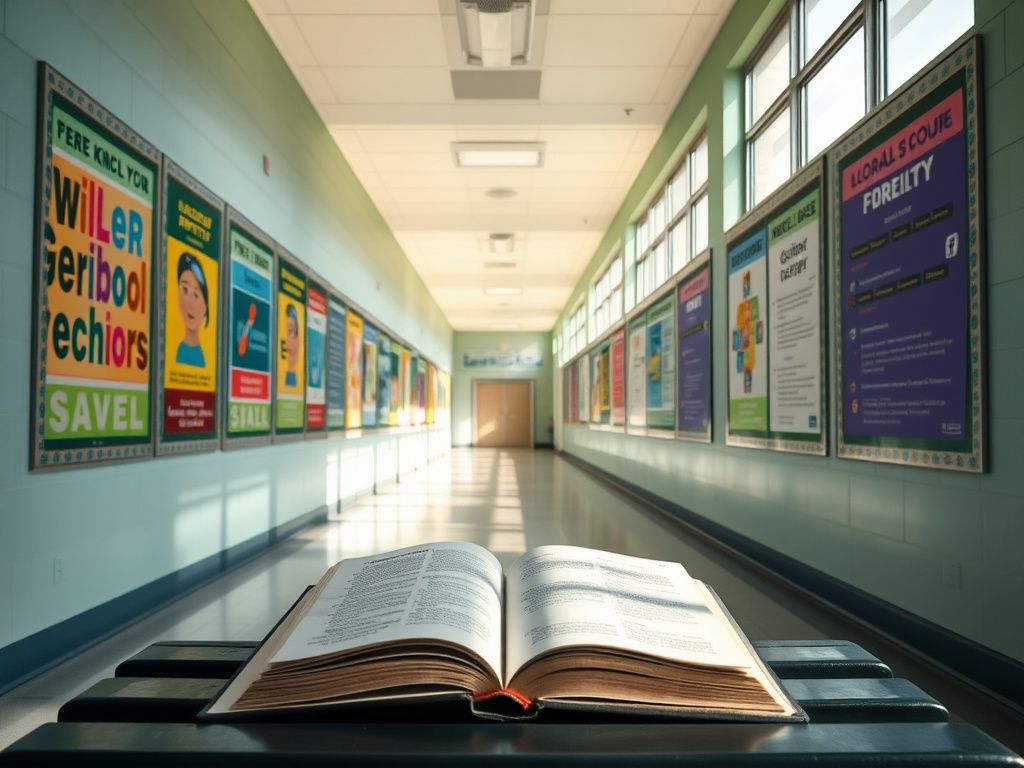 Flick International A serene school corridor promoting diverse gender identity policies with colorful posters