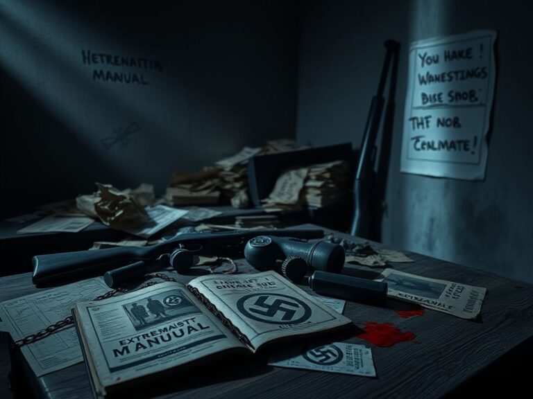 Flick International Cluttered wooden table covered with bomb-making blueprints and neo-Nazi propaganda