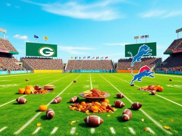 Flick International A vibrant football scene on a lush green field featuring logos of the Green Bay Packers and Detroit Lions alongside a vintage Thanksgiving feast.