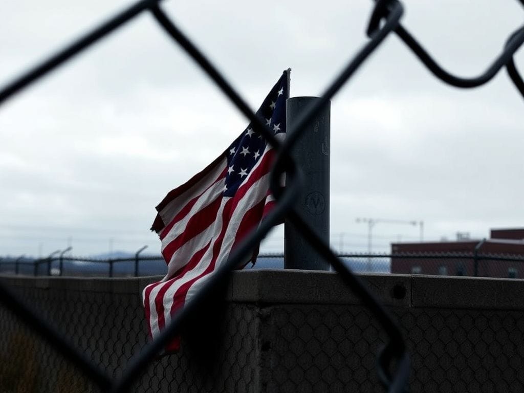 Flick International A chain-link fence surrounding an ICE detention facility with a weathered American flag draped over a concrete barrier