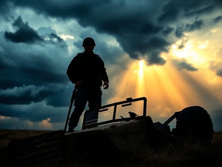 Flick International Silhouette of a military figure against a stormy sky symbolizing strength and integrity