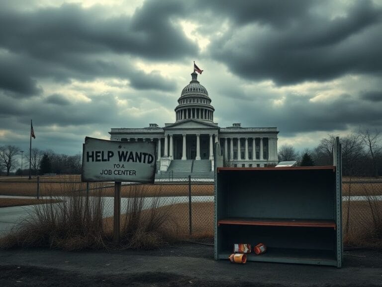 Flick International Somber scene of a deserted government building with half-mast flag during the government shutdown