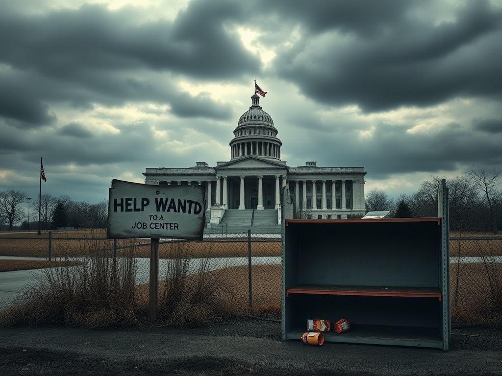 Flick International Somber scene of a deserted government building with half-mast flag during the government shutdown