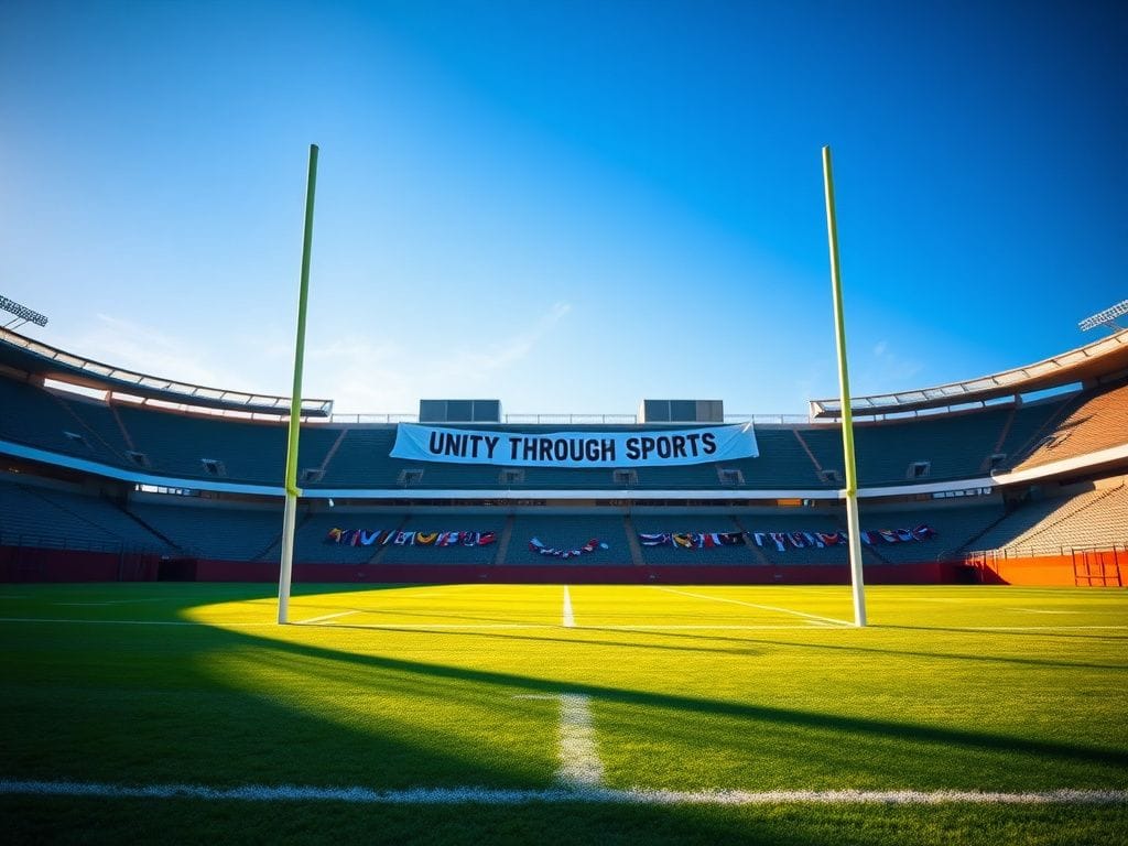 Flick International Empty football stadium under a clear blue sky with goalposts and a banner reading 'Unity Through Sports'