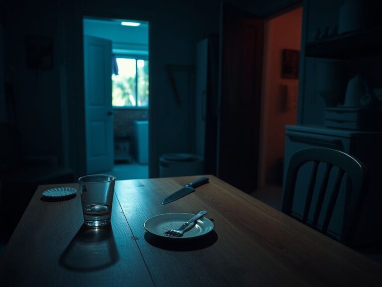 Flick International A dimly lit kitchen with a machete and scattered items, symbolizing a violent altercation