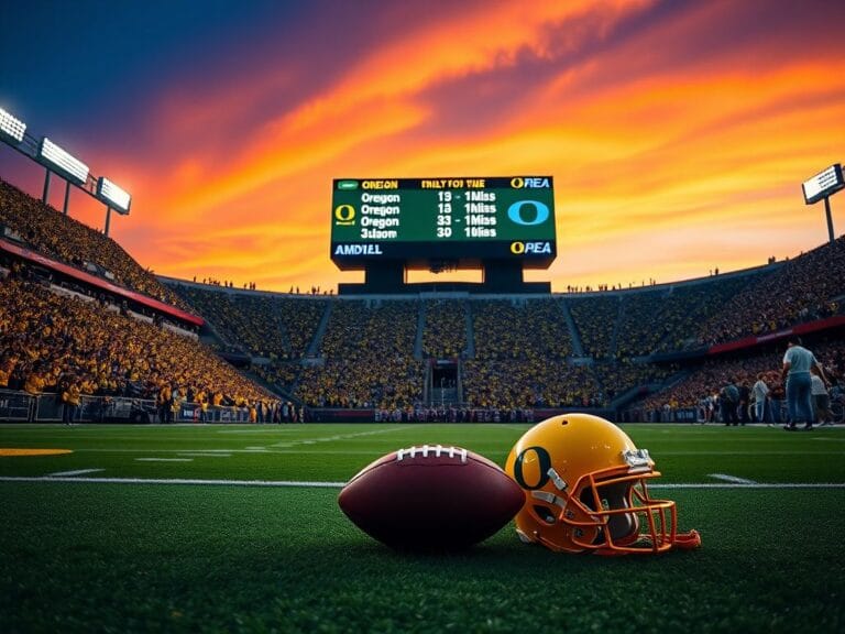 Flick International Dramatic college football stadium at dusk with fans and Oregon team colors