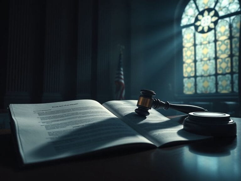 Flick International A dimly lit federal courtroom with an ornate gavel symbolizing justice