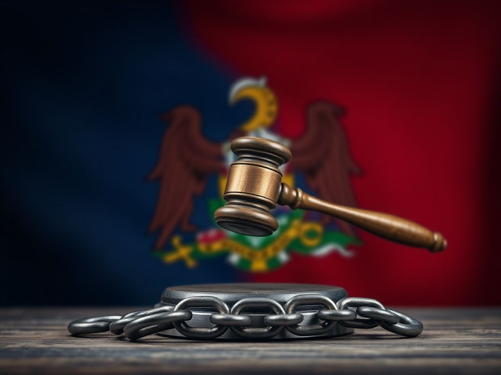 Flick International A gavel striking down on a state flag with a broken chain symbolizing a legal battle for civil rights