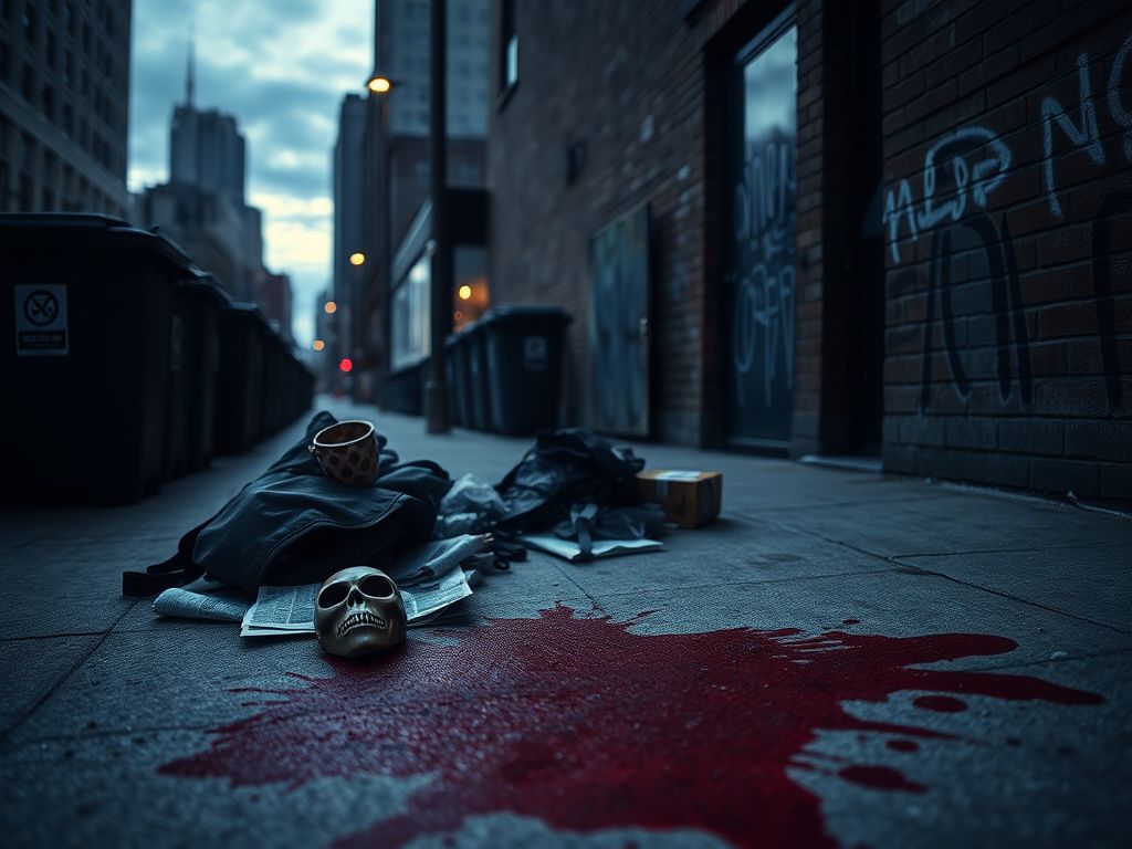 Flick International A shadowy urban alley in Chicago with a pile of personal belongings and a blood-stained area on the ground