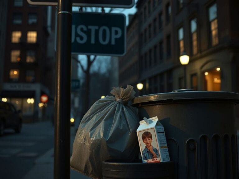 Flick International Somber street scene in Manhattan with vintage bus stop sign and milk carton