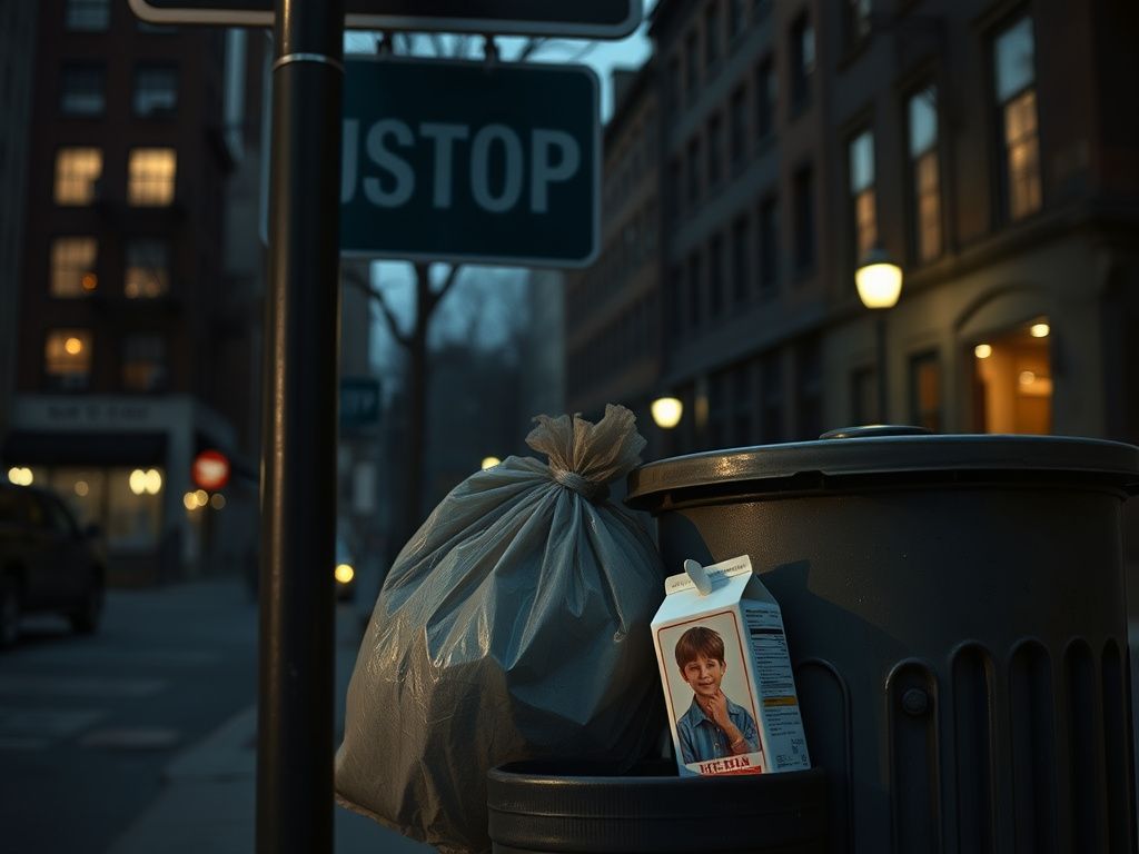 Flick International Somber street scene in Manhattan with vintage bus stop sign and milk carton
