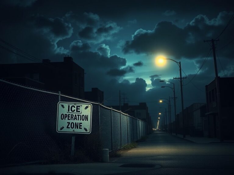 Flick International Dark, empty city street under twilight with a looming chain-link fence