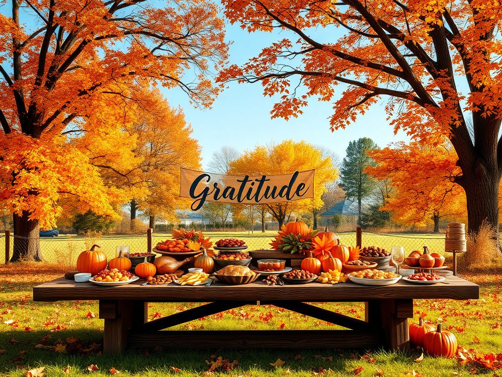 Flick International A scenic autumn landscape featuring a rustic wooden table set for Thanksgiving with traditional dishes.