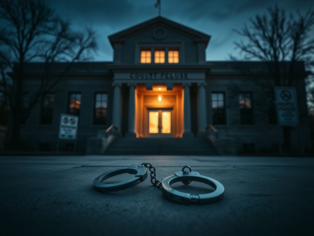 Flick International Courthouse at dusk with handcuffs symbolizing immigration enforcement