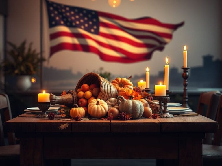 Flick International A beautifully set rustic wooden table with a cornucopia overflowing with autumn vegetables and fruits, symbolizing gratitude and Thanksgiving.