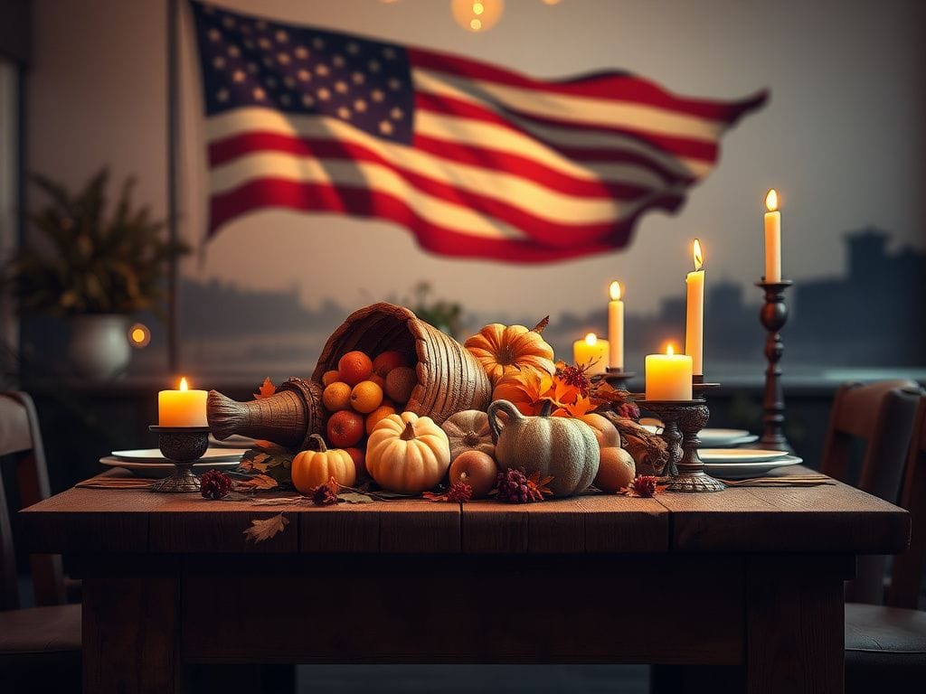 Flick International A beautifully set rustic wooden table with a cornucopia overflowing with autumn vegetables and fruits, symbolizing gratitude and Thanksgiving.