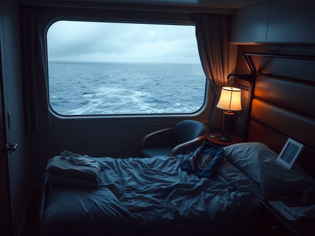 Flick International A dimly lit cabin aboard a Carnival cruise ship, depicting a sense of unease with an unmade bed and scattered belongings.