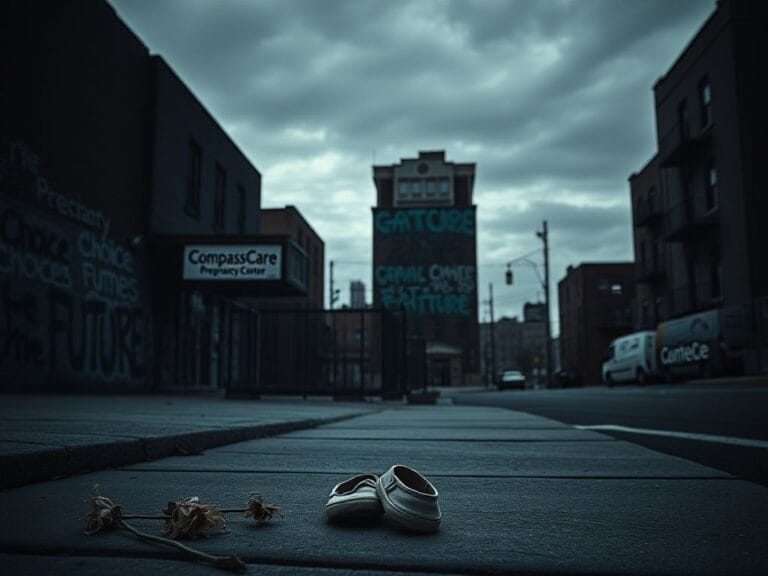 Flick International A closed pregnancy care center with a faded 'CompassCare' sign in a dim urban environment