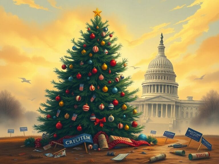 Flick International Whimsical illustration of a colorful Christmas tree with political symbols in a foggy political landscape