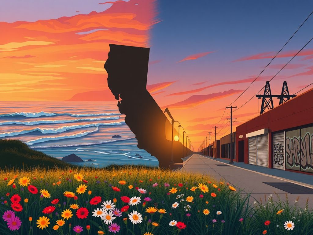 Flick International A picturesque California landscape contrasting natural beauty with urban challenges