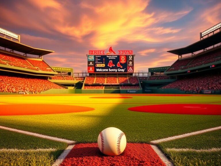 Flick International A baseball stadium at dusk with empty pitching mounds for the Red Sox and Cardinals