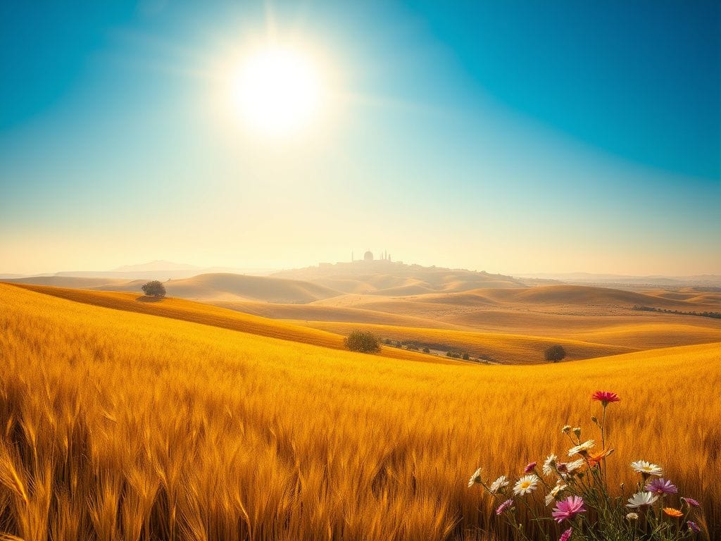Flick International Serene landscape of rolling hills in Israel with Jerusalem's silhouette and a golden wheat field