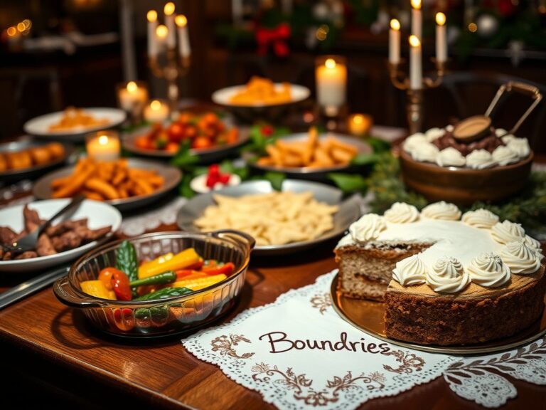 Flick International A beautifully set holiday dining table with traditional dishes and an untouched cake representing moderation