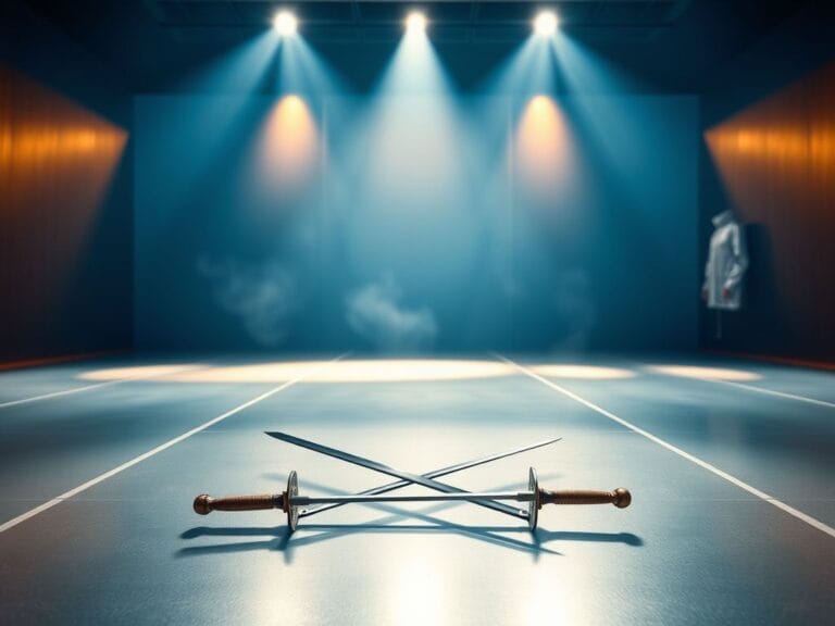 Flick International Abstract representation of an empty fencing arena with crossed swords.