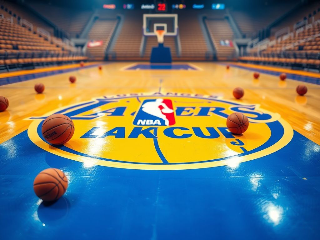 Flick International Close-up view of a vibrant basketball court featuring the NBA Cup logo with a glossy surface and basketballs scattered around.