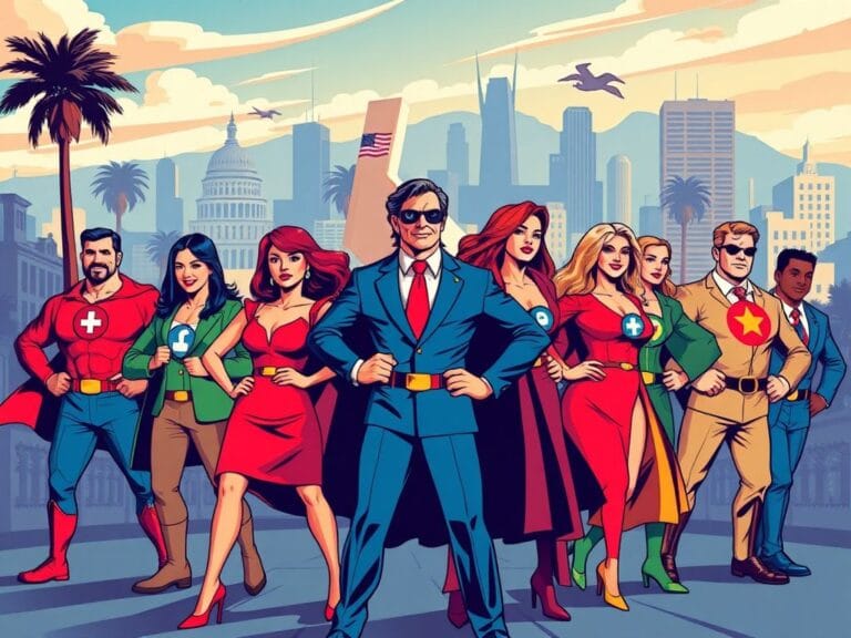 Flick International A dynamic representation of symbolic figures embodying Democratic leaders in a vibrant superhero-inspired scene.