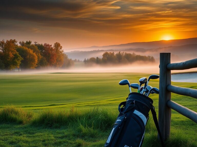 Flick International A misty sunrise over a dramatic golf course with an abandoned golf bag against a wooden fence