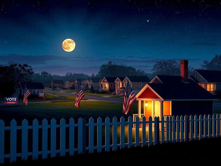 Flick International A vibrant nighttime rural American landscape with glowing porch light and American flags on Election Eve.