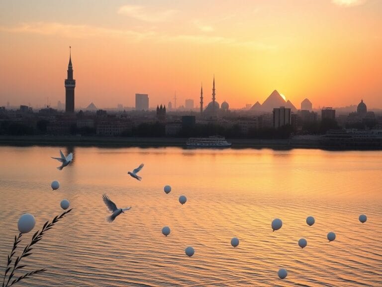 Flick International Panoramic view of Cairo showcasing the iconic skyline with the Nile River and Pyramids of Giza