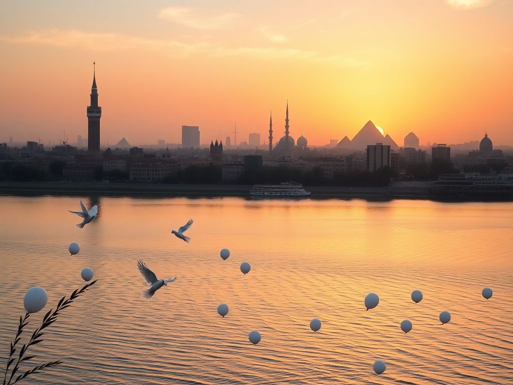 Flick International Panoramic view of Cairo showcasing the iconic skyline with the Nile River and Pyramids of Giza