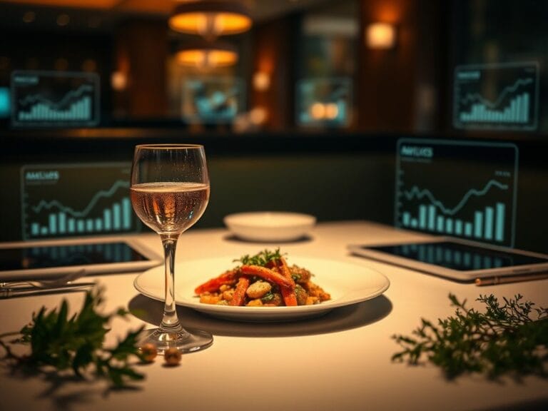 Flick International Close-up of an elegant restaurant table setting featuring a beautifully arranged dish and a glass of sparkling water, with digital devices subtly displayed in the background.