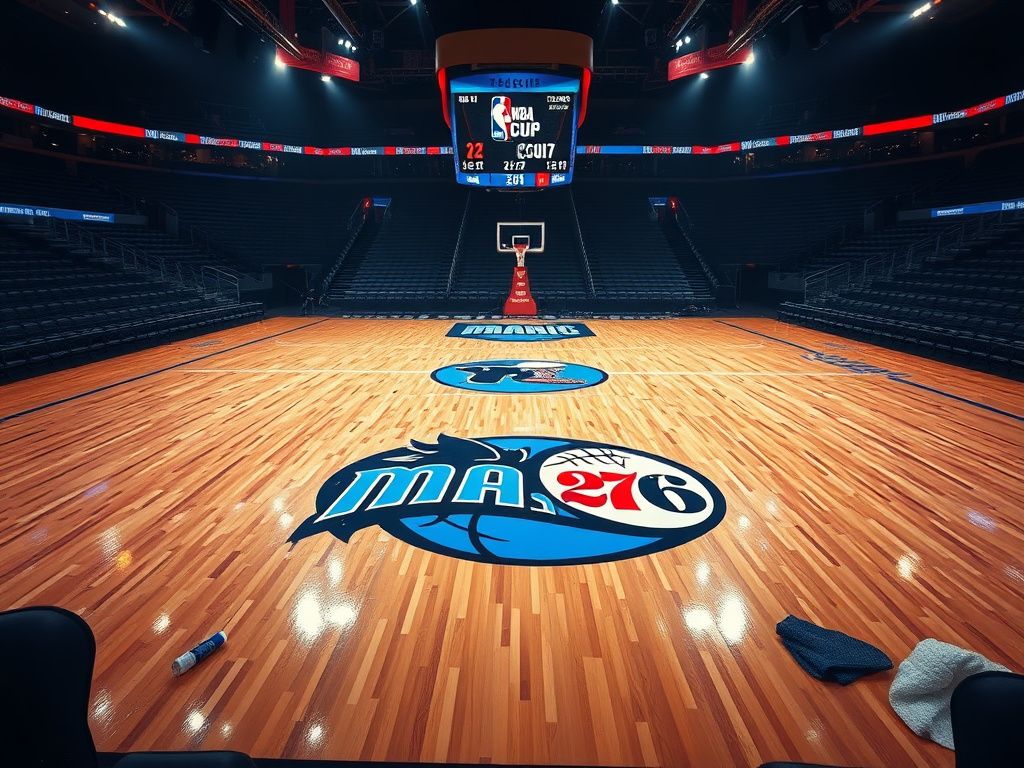 Flick International Dramatic basketball court scene during NBA Cup game featuring the Orlando Magic and Philadelphia 76ers logos