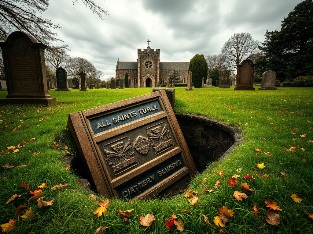 Flick International Dramatic sinkhole revealing a partially collapsed ancient box tomb at a historic churchyard